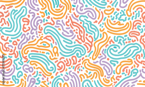 Colorful seamless abstract squiggle pattern with organic lines and doodles for modern background, textile, and creative design