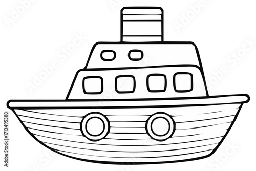Cartoon illustration of a steamship or a boat in black and white, isolated design.