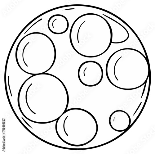 Whimsical moon illustration with lunar craters in outline style, celestial body for astronomy concepts, space exploration, and science education.