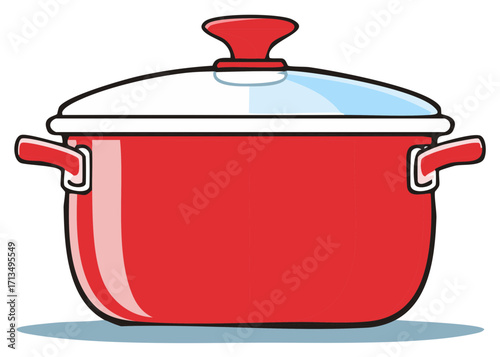 Bright Red Kitchen Cooking Pot with Cover and Handles Vector Illustration