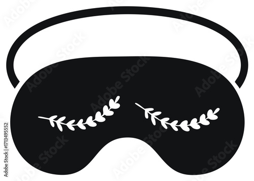 Black sleep mask with a decorative white leaf pattern resembling closed eyelashes. Simple vector graphic for rest.