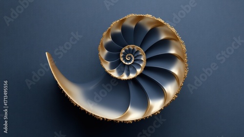 Golden spiral unwinding into fractal-like patterns, matte navy background, sophisticated metallic sheen