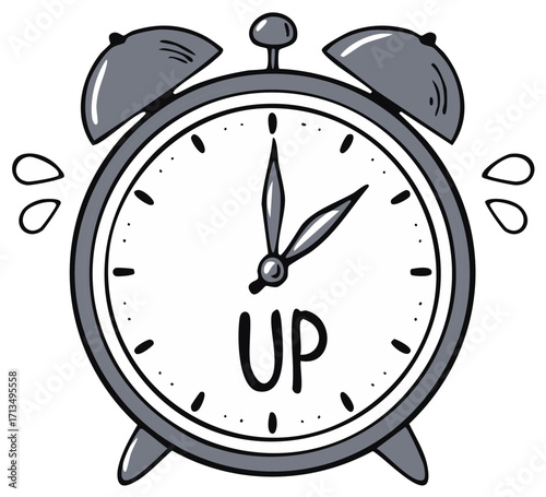 Cartoon alarm clock with UP text, time to wake up, close up illustration, early morning time concept.