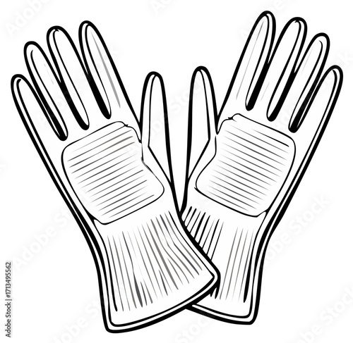 Monochrome protective work gloves pair hand drawn sketch style black and white vector illustration for safety