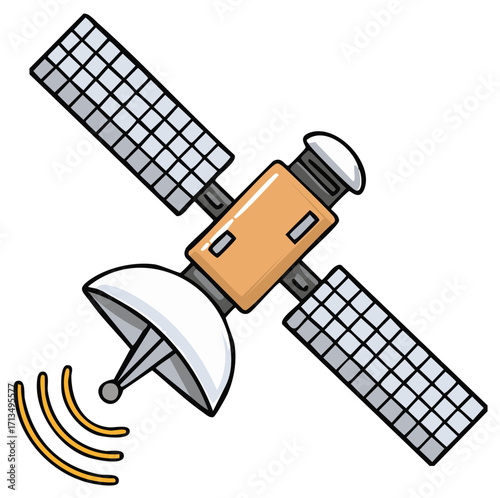 Modern cartoon satellite transmitting wireless signals with solar panels global communication technology