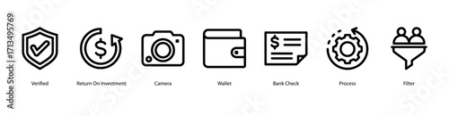 Financial Reporting web banner icon vector illustration featuring Verified, Return On Investment, Camera, Wallet, Bank Check, Process, and Filter for data accuracy and insight.