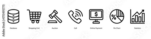 E Commerce Operations web banner icon vector illustration featuring Database, Shopping Cart, Auction, Call, Online Payment, Pie Chart, and Statistics for retail systems.