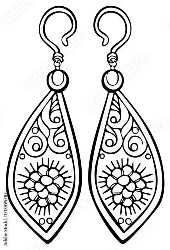 Black and white detailed pair of teardrop earrings illustration