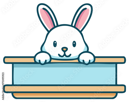 Cute white cartoon bunny character peeking over a blank light blue sign or banner ready for text message