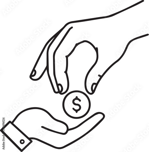 Financial support concept showing a hand giving a dollar coin to another hand, representing donation, investment, or charity in a vector design