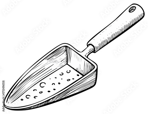 Illustrated garden trowel with handle in detailed outline sketch style