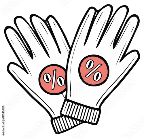 Pair of winter gloves displaying percentage signs sale concept illustration for special deals and offers for customers