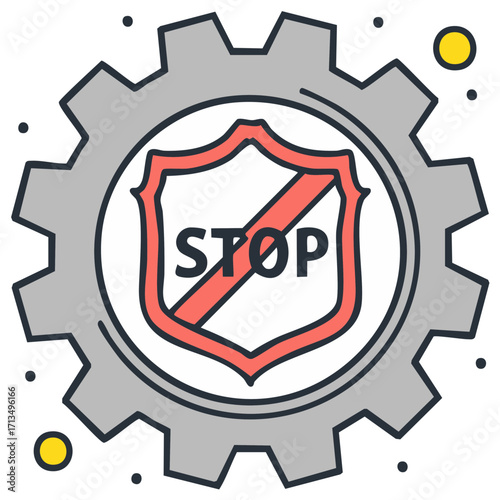Stop Icon Inside Gear and Shield Denoting Halt and Prevention Graphic Design