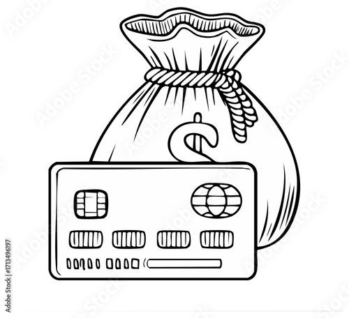 Money bag with dollar sign and credit card in hand-drawn outline style