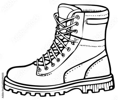 Outline Illustration of a Lace-Up Military Style Boot Black and White