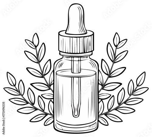 Vintage style dropper bottle with botanical sprigs, black and white line art illustration.