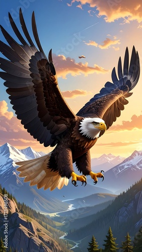 Majestic eagle soaring over mountain valley