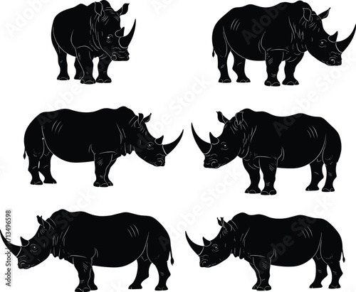 Silhouette vector illustration of rhinoceros animals standing and walking, wild safari wildlife graphic, endangered species icon, African big game mammal design