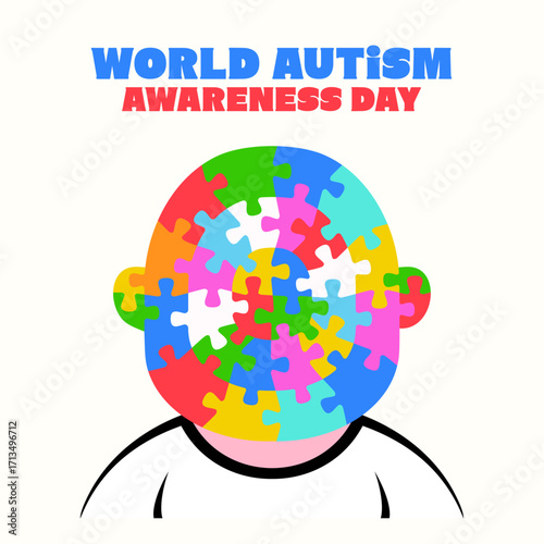 World Autism Awareness Day.  Abstract baby in shirt with concentric puzzle head. Vector isolated on white background.