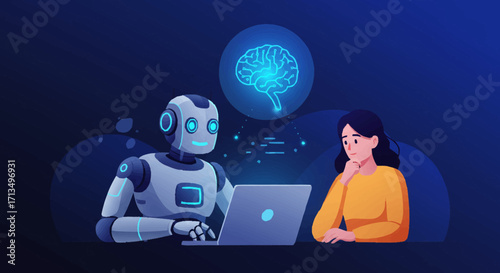 AI Collaboration Robot and Woman Working Together with Computer and Brain Icon on Dark Blue Background