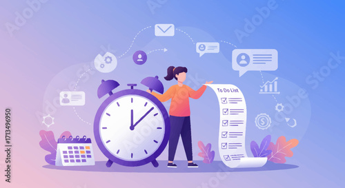 Business woman organizing tasks on a long checklist for effective time management. Productivity and deadline concept flat illustration