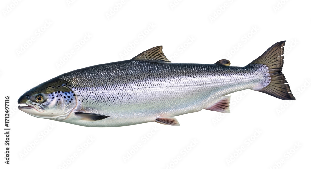 Fototapeta premium Fresh Atlantic salmon fish isolated on white background, whole raw silver salmon with scales, organic seafood for culinary and fishing concepts