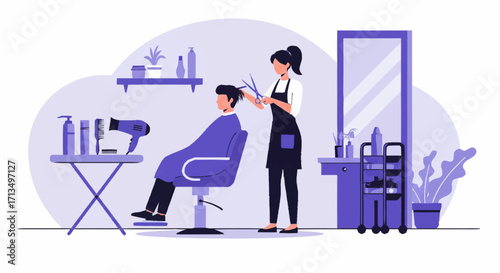 Hair salon scene with a stylist cutting a client's hair, featuring salon equipment and interior design