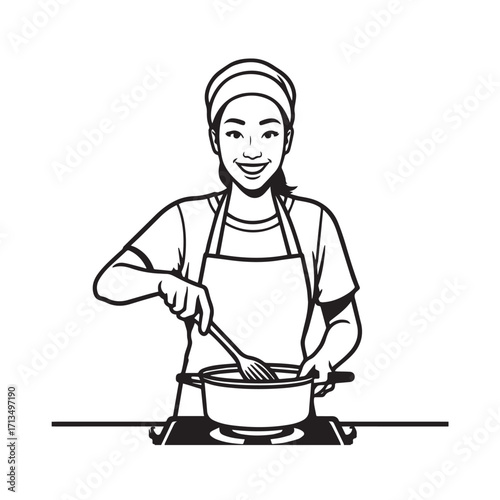 Black and White Vector Illustration of a Smiling Woman Cooking in Kitchen with Apron and Headband
