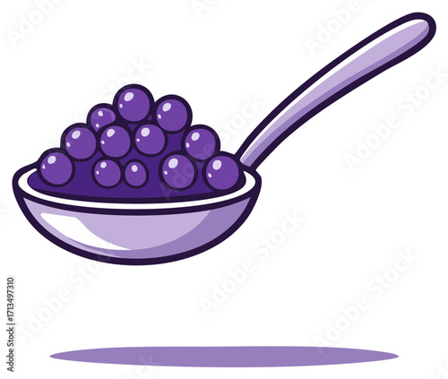 Spoonful of purple round tapioca boba pearls, cartoon food illustration