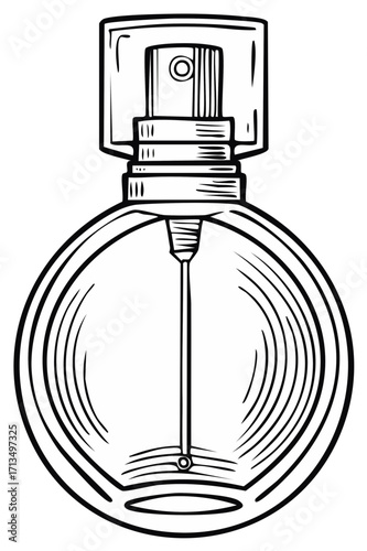 Perfume bottle outline drawing, round glass vial with sprayer, black and white contour illustration for cosmetics ads