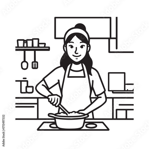 Black and White Vector Illustration of a Smiling Woman Cooking in Kitchen with Apron and Headband