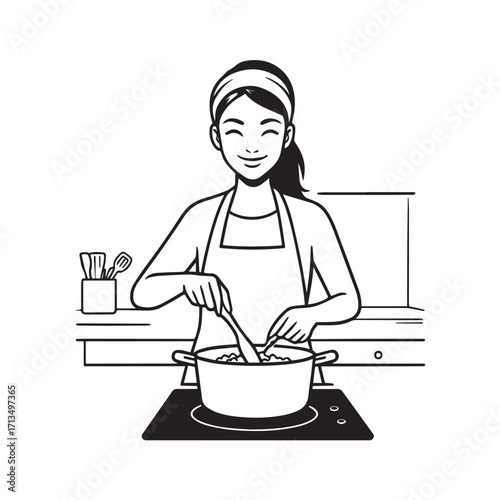Black and White Vector Illustration of a Smiling Woman Cooking in Kitchen with Apron and Headband