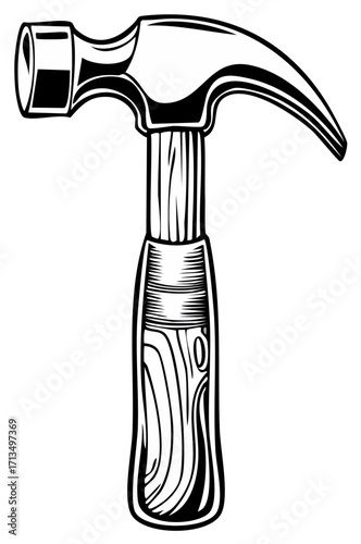 Classic claw hammer tool monochrome vector illustration for construction and repair work
