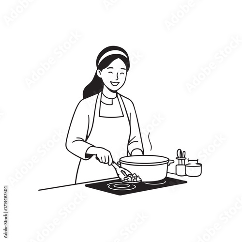 Black and White Vector Illustration of a Smiling Woman Cooking in Kitchen with Apron and Headband