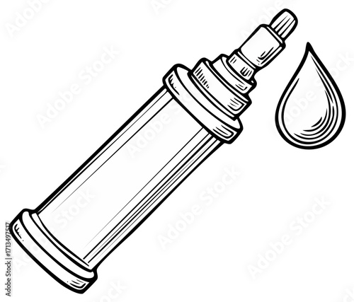Outline illustration of liquid dropper tool with a single drop, simple design on white backdrop for medical themes