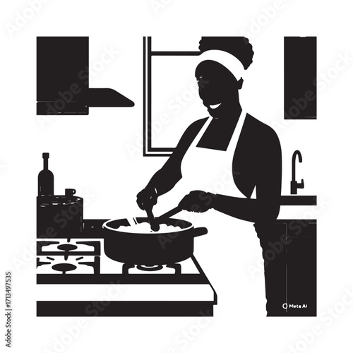 Black and White Vector Illustration of a Smiling Woman Cooking in Kitchen with Apron and Headband