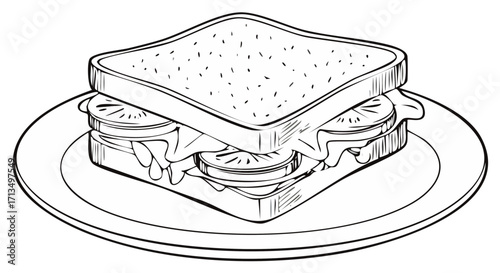 Illustrated sandwich on a plate, hand-drawn style, food concept