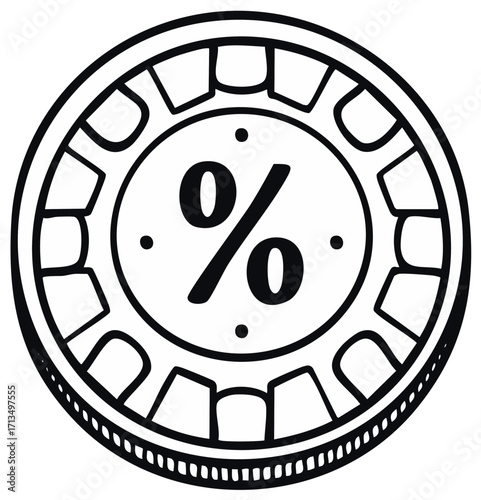 Black and white line art illustration of a circular coin or chip featuring a prominent percentage symbol for discounts or interest rates