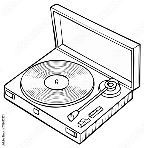 Line art illustration of a turntable with vinyl record and open lid, in black and white.