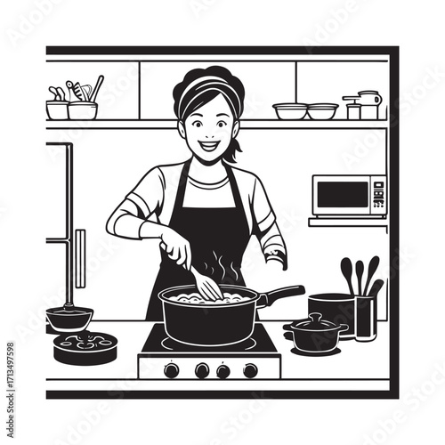 Black and White Vector Illustration of a Smiling Woman Cooking in Kitchen with Apron and Headband
