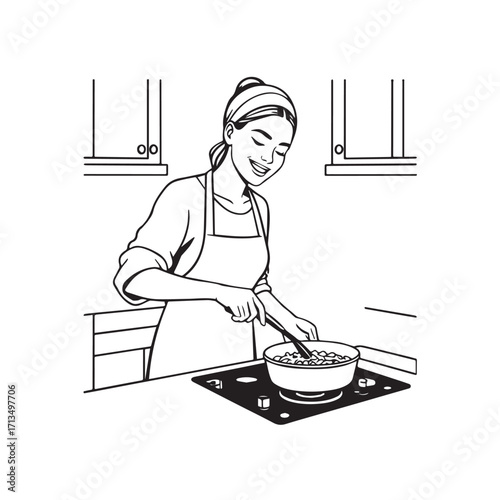 Black and White Vector Illustration of a Smiling Woman Cooking in Kitchen with Apron and Headband