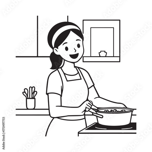 Black and White Vector Illustration of a Smiling Woman Cooking in Kitchen with Apron and Headband