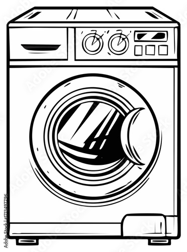 Washing machine illustration, black and white vector drawing, laundry appliance