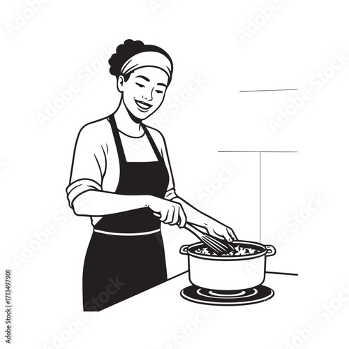 Black and White Vector Illustration of a Smiling Woman Cooking in Kitchen with Apron and Headband