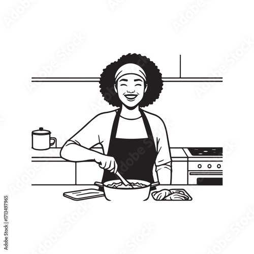 Black and White Vector Illustration of a Smiling Woman Cooking in Kitchen with Apron and Headband