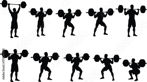 Silhouette vector of man weightlifting barbell exercises, gym fitness training poses, strength workout illustration, bodybuilding graphic, athletic power lifting icon