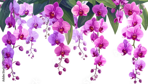 Beautiful purple orchids in full bloom. Orchid flower arrangement. Elegant hanging orchids with soft purple petals. Graceful orchid flowers hanging in a row. Delicate purple orchids with rich colors.