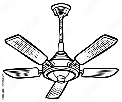 Black and white line art illustration of a classic five blade ceiling fan for home or office cooling