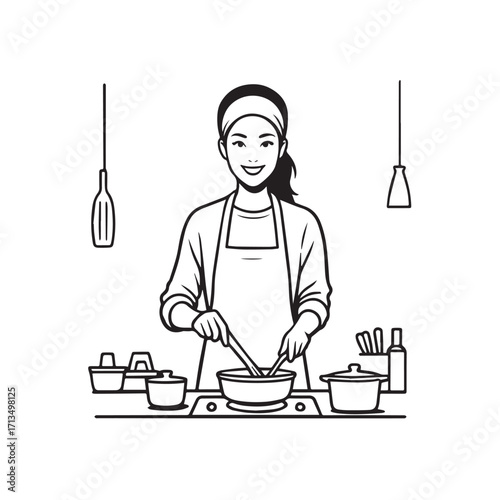 Black and White Vector Illustration of a Smiling Woman Cooking in Kitchen with Apron and Headband