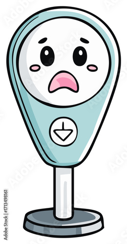 Cartoon parking meter with a sad face, expression of disappointment